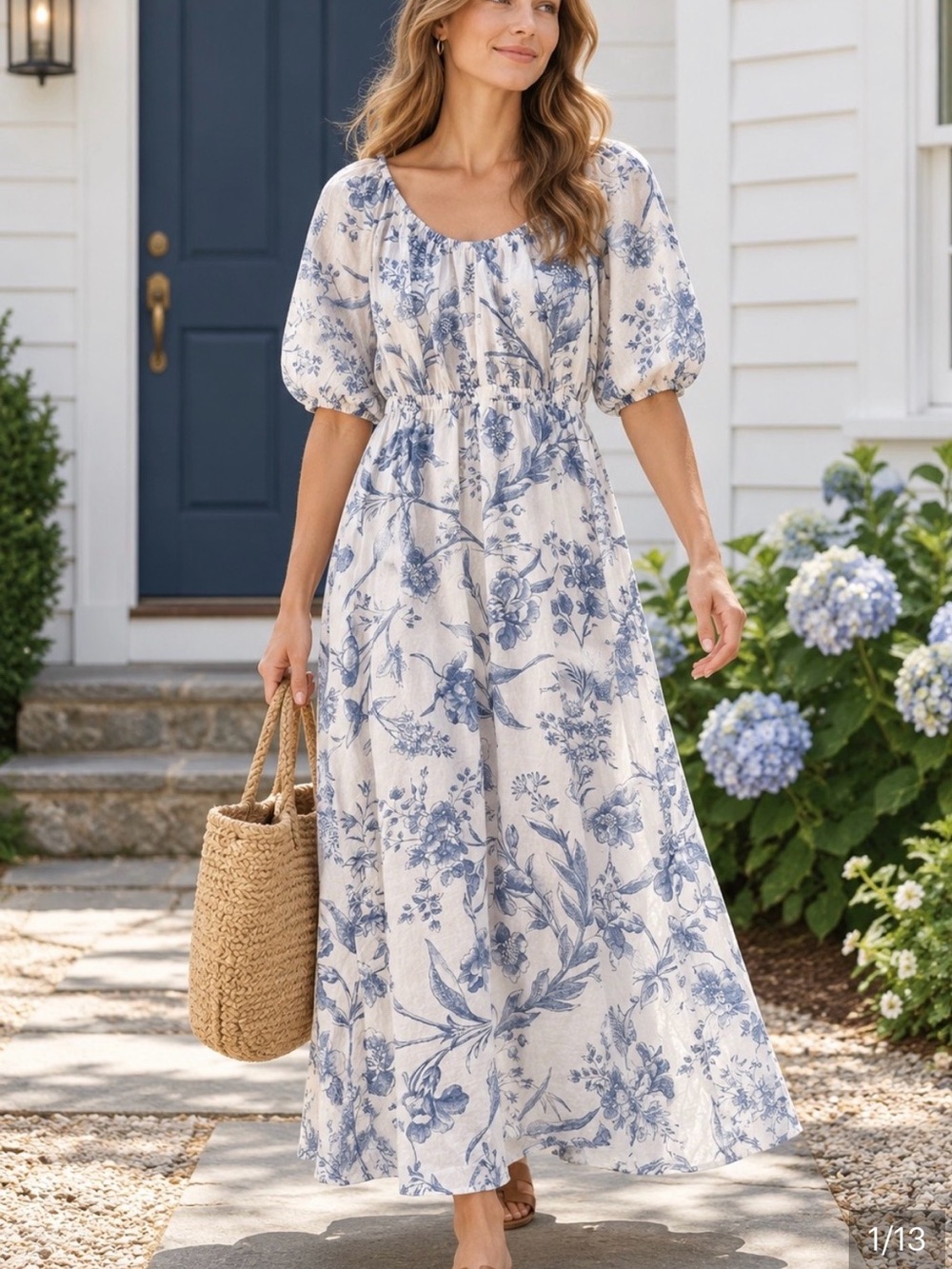 Loft Blue Floral Puff-Sleeve Maxi Dress